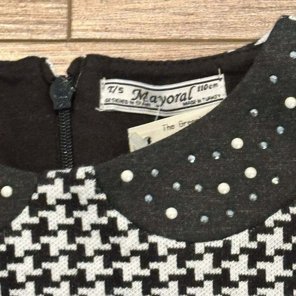 NWT! Mayoral Girls 5 Houndstooth Peter Pan Sparkle Collar Ruffle Hem Dress